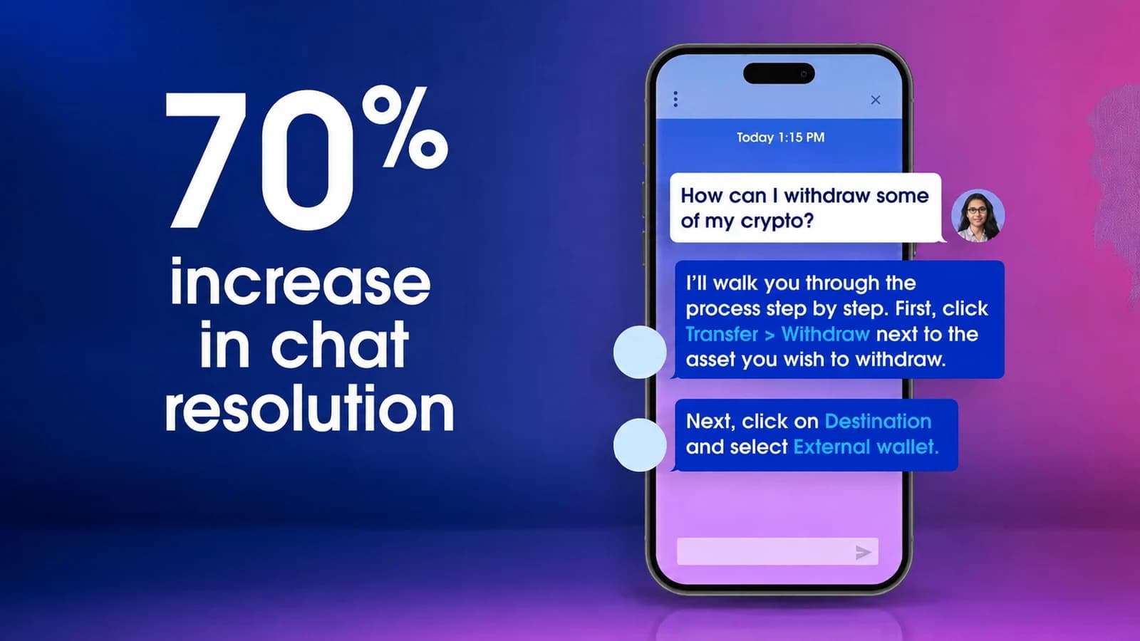 Agentforce customer story: 70% increase in chat resolution, beside a phone showing an AI agent guiding a customer through a crypto withdrawal